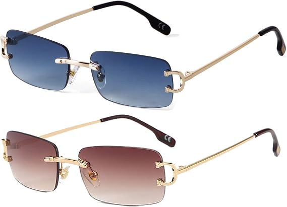 Rimless Sunglasses for Men Women Small Narrow Rectangle Sunglasses | Fashion Rectangular, Frameless, UV400 Protection, Unisex, Lightweight, 90s, Metal Leg, for Daily Wear, Shopping, Travel
