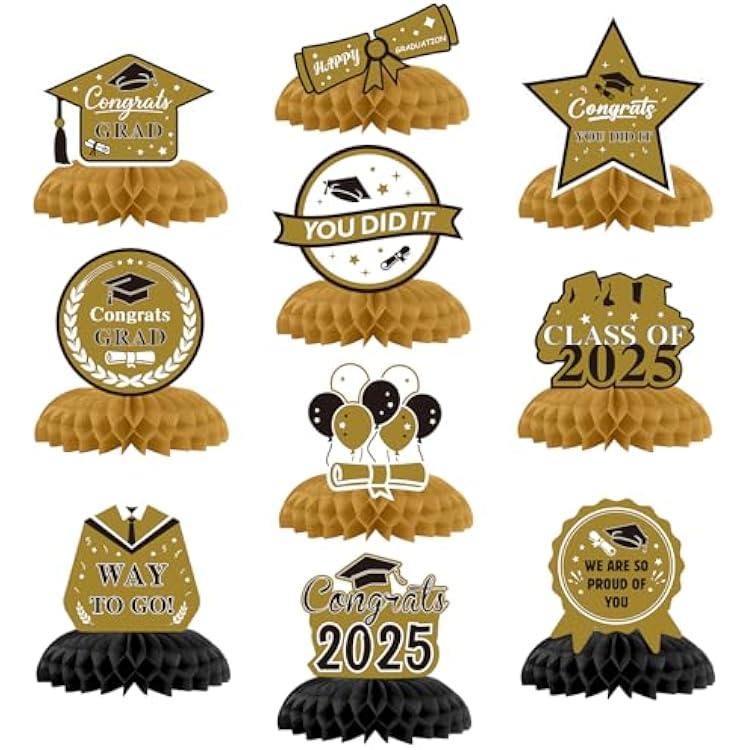 Graduation Decorations 2026, 10 PCS Black and Gold Graduation Honeycomb Centerpieces for Tables Decor Cap Toppers Party Favors Supplies Gifts Photo Props Signs Class of 2026 Congrats Grad Backdrop