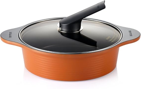 Happycall Hard Anodized Ceramic Nonstick Pot, 3-Quart Wide, Orange, Oven Safe, Dishwasher Safe, Stockpot, With Glass Lid, Rivet Free, Cookware