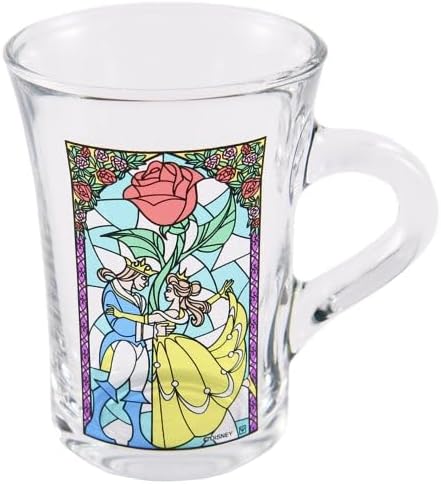 Yaxel 82598 Cute Stained Glass Mug Microwave Safe Tempered Glass Dishwasher Safe Cup Glass 230ml Made in France Disney Beauty and the Beast