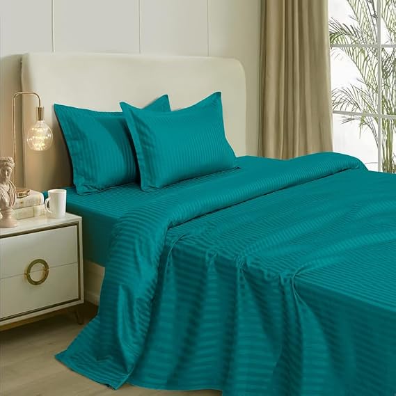Premium 100% Natural Cotton Striped Sheet Set 400 Thread Count with 17-Inch Deep Pockets, Queen-Teal
