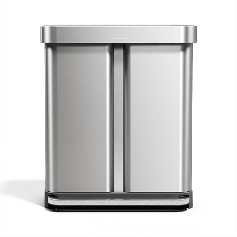 simplehuman Step Recycler, 58L / 15.3 Gallon Dual Compartment Kitchen Trash Can, 150,000-Step Pedal, Lid Shox Technology, Liner Rim System, Liner Pocket, Brushed Stainless Steel with Plastic Lid