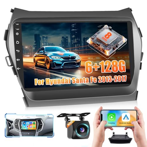 8Core 6128G Car Radio for Hyundai Santa Fe IX45 2013-2017:Android 15 Car Stereo with Wireless Carplay Android Auto, 9 IPS 1280  720 Touch Screen Bluetooth 5.0 Radio for Santa Fe with DSP GPS