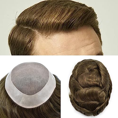 Toupee For Men Fine Mono Poly Coated Mens Hairpiece Hair Replacement System Durable Prosthesis Premium Mens Toupee 8X10 #510 Medium Light Brown with 10% gray hair-120% Density