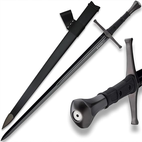 HONSHU Midnight Forge Broadsword and Scabbard - 43 1/2" Full Length | Black 1060 Carbon Steel Blade | Balanced & Lightweight | No-Slip Grip | Stainless Steel Pommel | Leather Belt Hanger