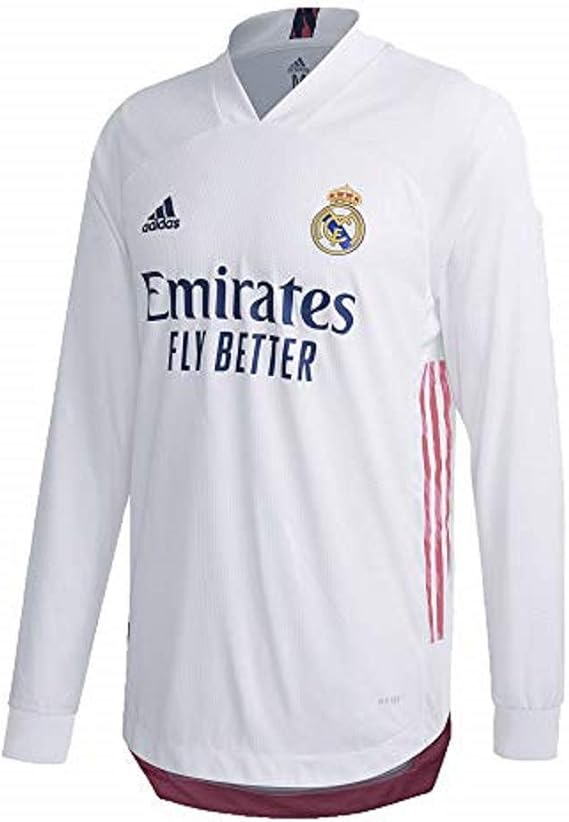 Real Madrid Home Authentic Men's Long Sleeve Soccer Jersey- 2020/21 (X-Large) White