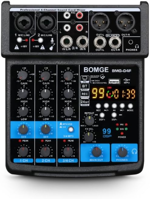 BOMGE 4 Channel Mini DJ Audio Mixer with MP3 USB Bluetooth and Stereo Recording Function 48V Phantom Power and 99DSP for Karaoke Performances Church Vocals and Podcast Streaming