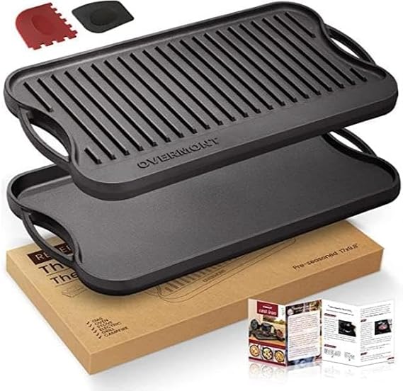 Overmont Pre-Seasoned Cast Iron Reversible Griddle Grill Pan with Handles for Gas Stovetop Open Fire Oven, 43.18 * 24.89CM (17x9.8) - One Tray, Scrapers Included