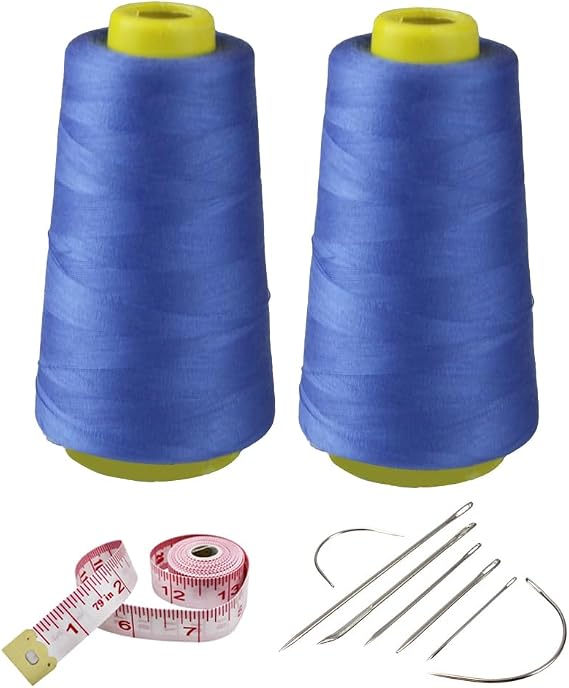 2 Spools Sewing Thread Kit Blue Polyester Sewing Thread Spools, 3000 Yards Each Spool, 40s/2 All-Purpose Connecting Threads for Sewing Machine and Hand Repair Works