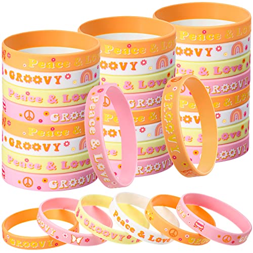 Aoriher 28 Pieces Groovy Retro Hippie Silicone Wristbands Daisy Flower Peace and Love Rubber Bracelets Daisy Party Favors for Kids adults 60s 70s Two Groovy themed Birthday Party Decoration Supplies