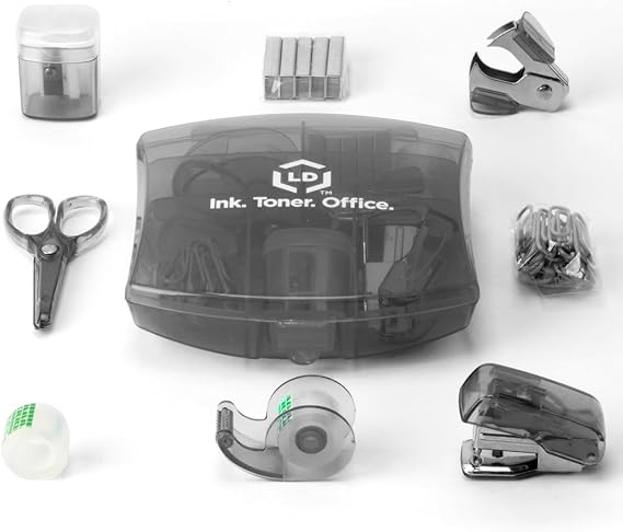 LD Products Black Mini Office Supply Kit Portable Case with Scissors, Paper Clips, Tape Dispenser Set, Pencil Sharpener, Mini Stapler with Staples and Staple Remover