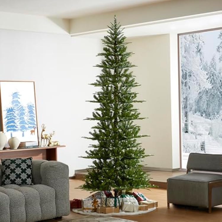 Glitzhome 9ft Prelit Christmas Tree, Cascade Evergreen Slim Fir Artificial Christmas Tree with 500 Strawberry Lights,1468 PE&PVC Branch Tips, 9 Functional Warm WhiteMulti-Color, Remote Controller