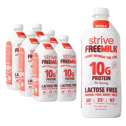Strive FREEMILK, Animal-Free Dairy Milk, 48 oz Carton Pack of 6, Lactose Free, 10g Protein per Serving, Alt Milk, Shelf Stable, Precision Fermentation, Vegan-Friendly