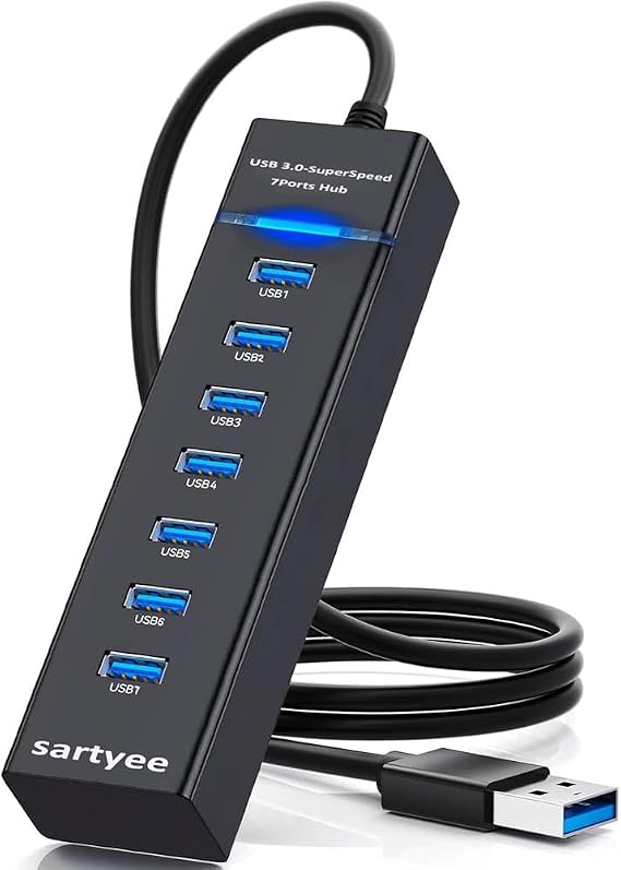 USB 3.0 SuperSpeed 7-Port Hub, High-Speed Data Transfer and Sync for Multiple Devices, Compatible with Laptop, PC, MacBook, iMac, Surface Pro, Windows/Mac/Linux, Bus-Powered, Plug and Play