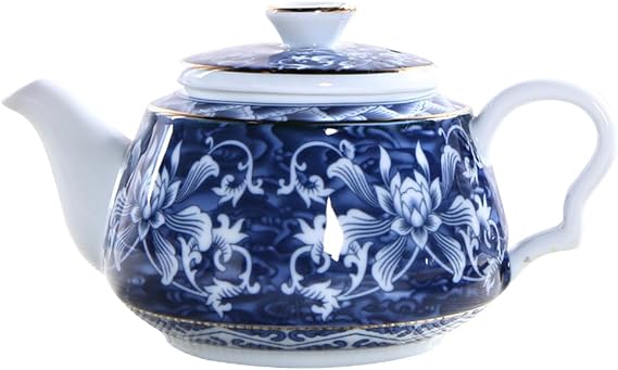 PRETYZOOM Ceramic Tea Pot Vintage Floral Design Blue White Chinese Tea Kettle for Stovetop Manual Gold Outline