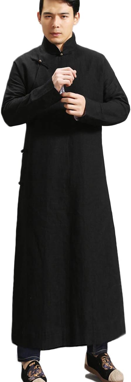 Mens Trench Coat Spring Autumn Long Jacket Kung Fu Linen Overcoat Vintage Chinese Style MF-6 Black Extented, L