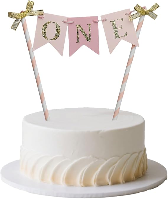 Gold Bow Cake Topper for 1st Birthday Girl Cute Happy Birthday Banner & ONE Decorations, First Birthday Party Supplies with Cake Topper Decor, Girly Theme Baby Shower Decorations