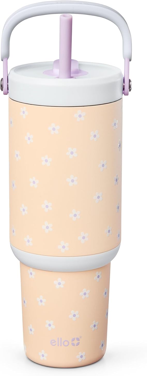 Ello Oasis Go+ 32oz Insulated Stainless Steel Tumbler with Straw, Daisies