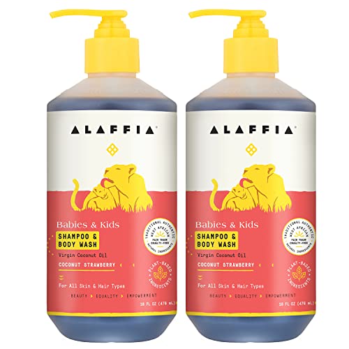 Alaffia Babies and Kids Shampoo and Body Wash, Gentle and Calming Support for Soft Hair and Skin with Shea Butter, Neem, and Coconut Oil, Fair Trade, Coconut Strawberry, 2 Pack 16 Fl Oz Ea
