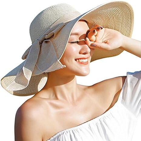 Lanzom Womens 5.7 Inches Big Bowknot Straw Hat Large Floppy Foldable Roll up Beach Cap Sun Hat UPF 50+