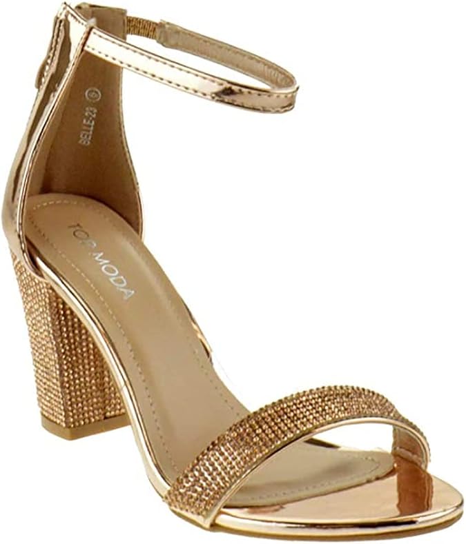 TOP Moda Women's Chunky Heel Ankle Strap Sandals-Rhinestone Block Heel Sandal