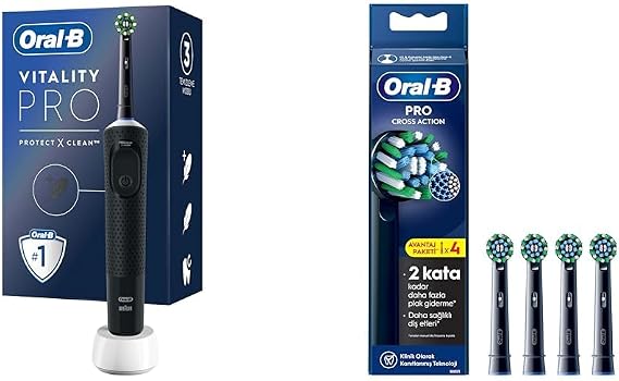 Oral-B Şarjlı/Elektrikli Diş Fırçası Vitality Pro Siyah Koruma ve Temizlik + Oral-B Cross Action X-Filament Siyah Şarjlı Diş Fırçası Yedek Başlığı 4 Adet