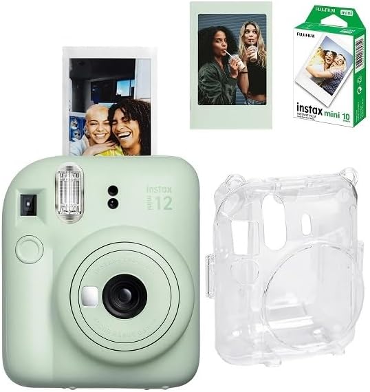 Instax Mini 12 Fotoğraf Makinesi-10'lu Film-Şeffaf Pleksi Kılıf ve Fotoğraf Çerçevesi Seti 2 Yeşil