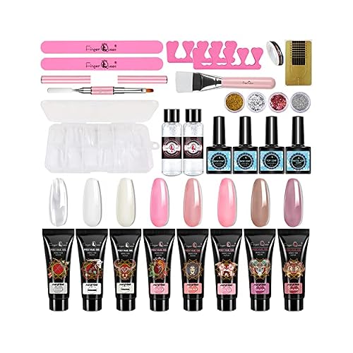 FingerQueen Poly Nail Gel Kit, Polygel Nail Kit 8 Colors Builder Nail Extension Gel with Base Top Coat Nail Art Tools Clear Nude White Pink Acrylic Nail Starter Kit