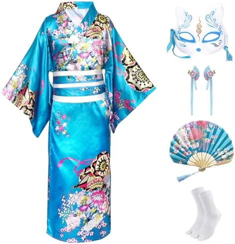 Japanese Kimono Dress for Girls Kids Anime Cosplay Costume Fancy Robe Halloween Party Kimono Outfit 5pcs