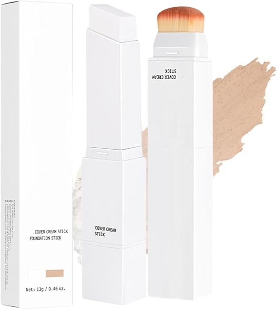 Tryskintle Korean 2 in 1 Colour Changing Foundation Stick, Full Coverage White Foundation for Mature Skin with Brush, Lightweight & Hydrating, Long-Lasting Base Makeup for Natural Finish (#2 Light)