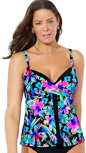 Swimsuits For All Womens Plus Size Faux Flyaway Underwire Tankini Top with Adjustable Straps