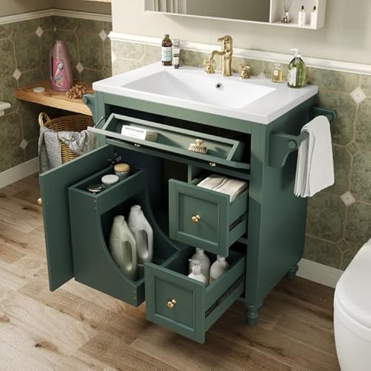 30 Bathroom Vanity with Sink, Pedestal Sink Storage Cabinet with 2 Drawers and 1 Tip-Out Drawer,Freestanding Soft Closing Door Bath Vanity,Pre-drilled,Easy to Assemble Green