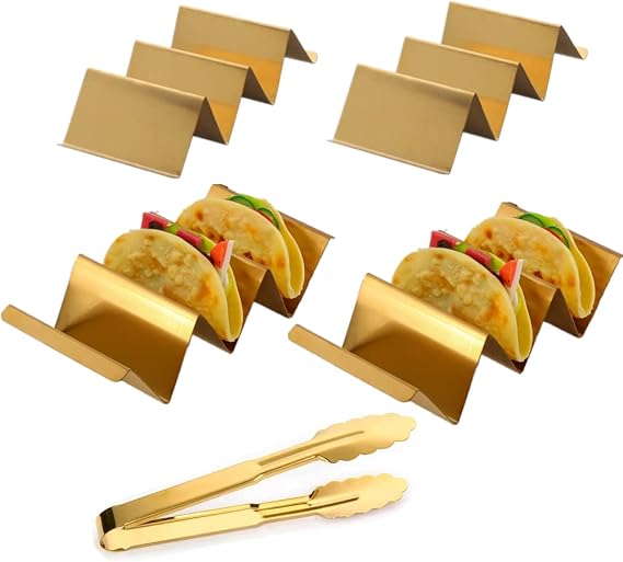 4 Pcs Gold Taco Holders Set with 1 Food Tong, Stainless Steel Taco Stand with Handles for Party, Holds Up to 3 Tacos Each, Dishwasher Oven safe