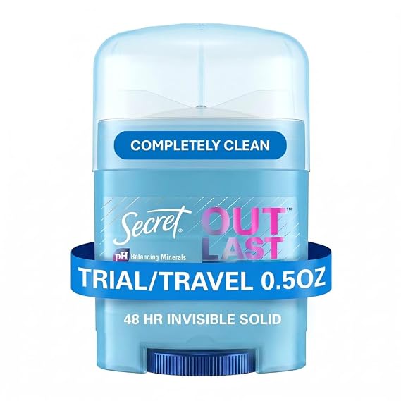 Secret Outlast Antiperspirant Deodorant for Women, 72hr Sweat & Odor Protection, PH Balancing Minerals, Invisible Solid, Completely Clean Scent, Travel Size, 0.5 oz