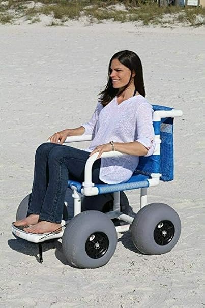 Beach Wheelchair for Soft Sand, 12" Balloon Tires, Tool-Free Assembly, 250 lb Capacity, 20" Wide Seat, Rust-Free PVC Frame. Easily Disassembles for Transport.