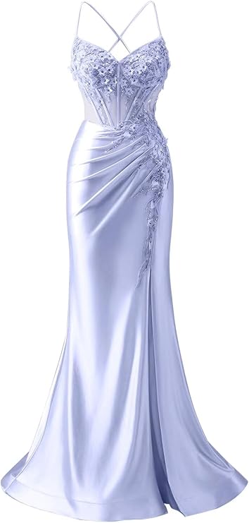 Sparkly Satin Mermaid Prom Dresses with Slit for Women Lavender 3D Flower Prom Dress Spaghetti Straps Formal Gowns Backless US6 He5086