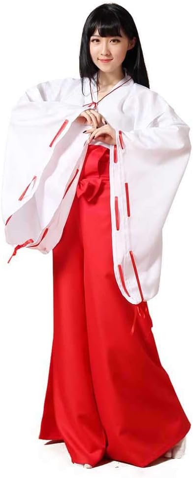 Girls White Kimono Red Hakama Pants Outfit Women's Japanese Anime Kikyo Miko Kimono Cosplay Halloween Witch Costume (S, Red)