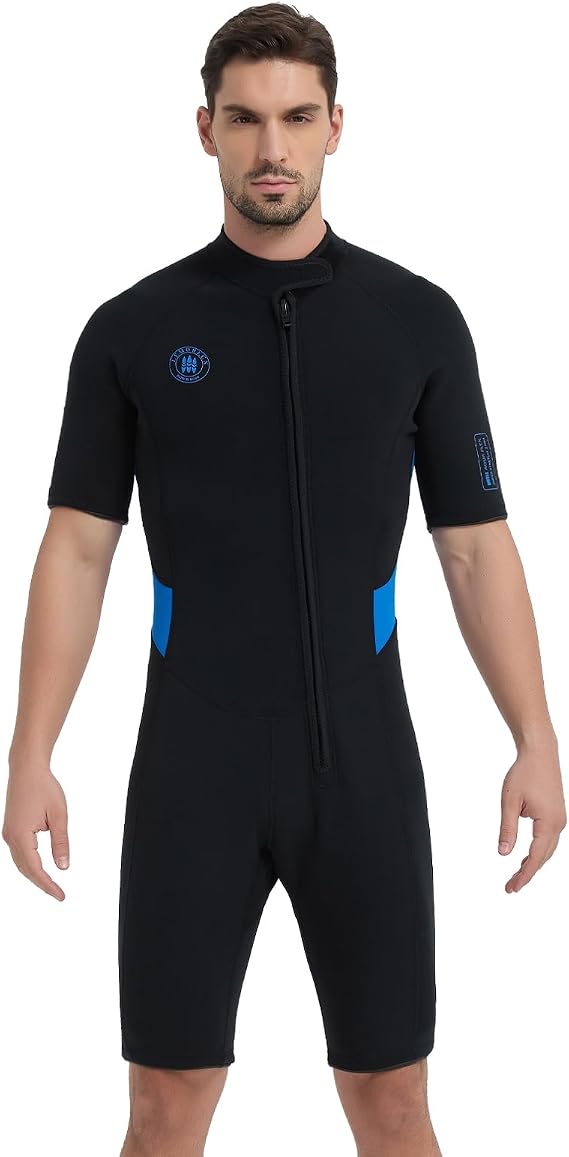 Lemorecn Wetsuit Men Women, 2mm Shorty Wetsuits Front Zip | 2mm Ultra Stretch Neoprene Thermal Swimsuit, Keep Warm, UPF 50+, Short Sleeve Diving Suit for Swimming Surfing Snorkeling