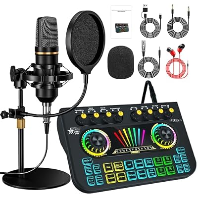 Podcast equipment bundle, with live sound card audio mixer, equipped with 3.5mm microphone, podcast microphone bundle for streaming content creation, recording, singing, and live broadcasting