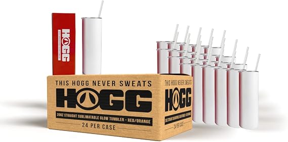 Hogg 20 oz Glow in the Dark Sublimation Tumblers (25 Units) - Red, Sublimation Blanks, Glow in the Dark Tumbler, 20oz Skinny, Blank Cups with Lids and Straws