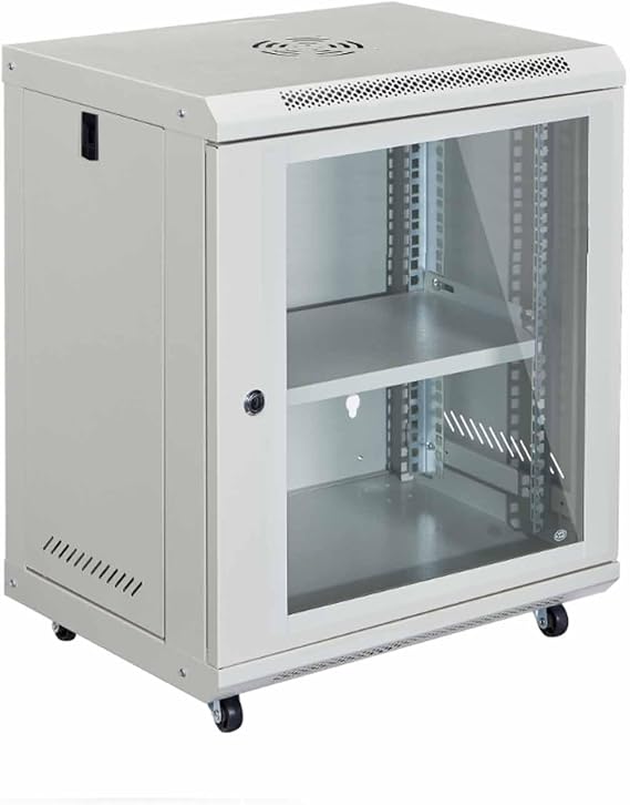 12U Wall-Mount & Rolling Network Cabinet for 19" Rack Equipment Locking Tempered Glass Door, Ventilated Side Panels, Adjustable Rails, Fan Ready, Cable Management, Heavy-Duty Steel