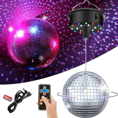 TRESSON Disco Ball with Motor and Light, 5/8/10/15 RPM Adjustable Speed Rotating Motor with 6 Inch Hanging Mirror Ball, 4 Light Colors and 18 LEDs for DJ Club, Theme Party