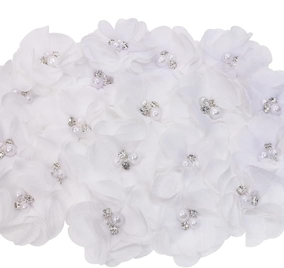PENTA ANGEL Chiffon Flower 20Pcs Fabric 2" Flower Embellishments with Rhinestone Pearl for Women DIY Craft Dresses Wedding Bridal Bouquets Gift Wrapping Hair Accessories (White)