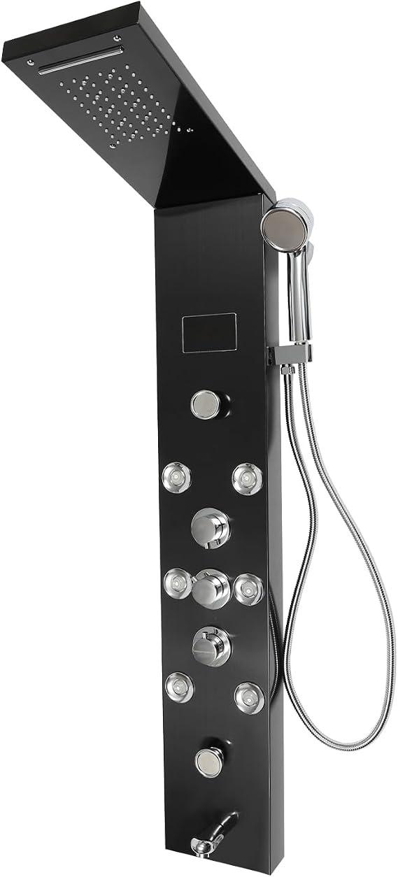 LED Shower Panel Tower System, Hydroelectricity Display Rain Massage Full Body Shower System with Jets, Bathroom 6-Function Shower Tower with LED Rainfall Waterfall Shower Head, Black