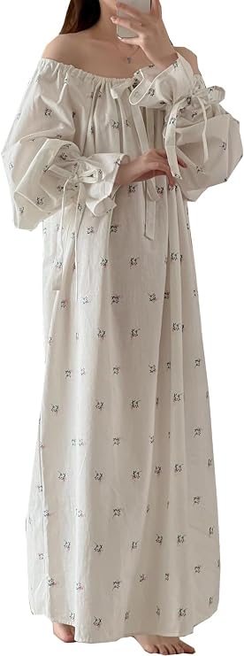 Womens' Long Nightgown Vintage Sleepwear Floral Nightdress Cotton Pajamas Cozy Lounger Housedress