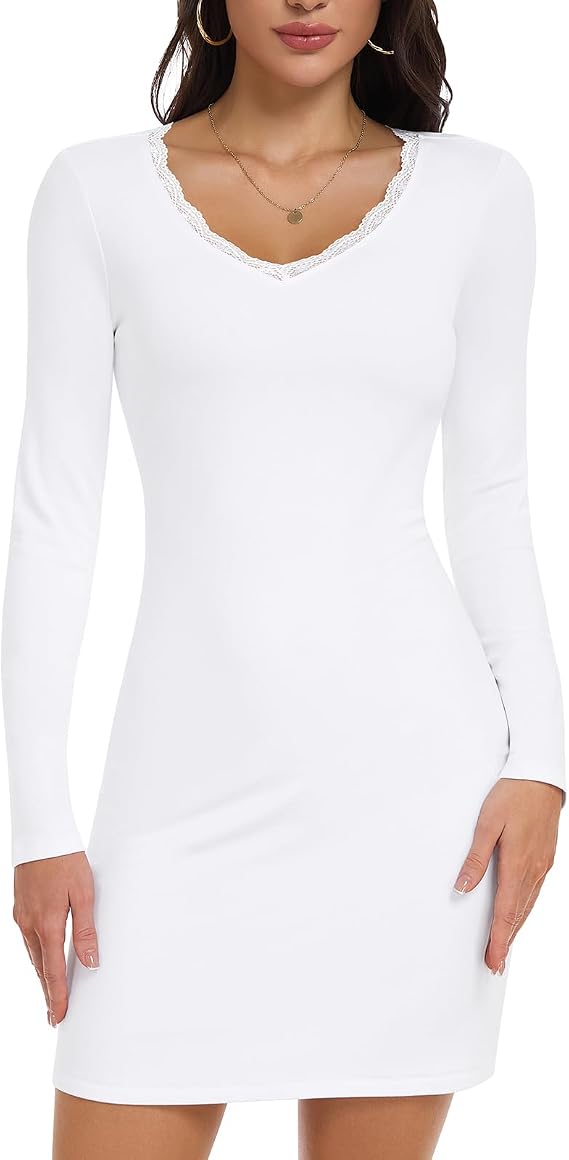 WOWENY Women's Long Sleeve Ribbed Bodycon Mini Dress Lace V Neck Thermal Dresses Fall Slim Fit Cocktail Party Short Dress