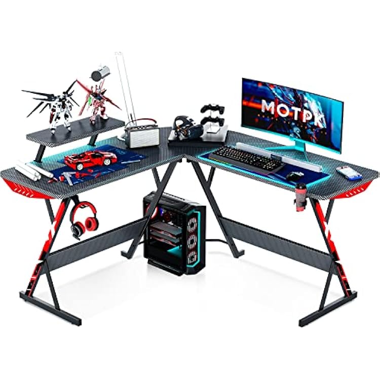 MOTPK L Shaped Gaming Desk with Carbon Fiber Surface, Corner Computer Desk L Shape with Monitor Shelf, Gamer Desk Gaming Table with Cup Holder & Headphone Hook, Black, 51 Inch