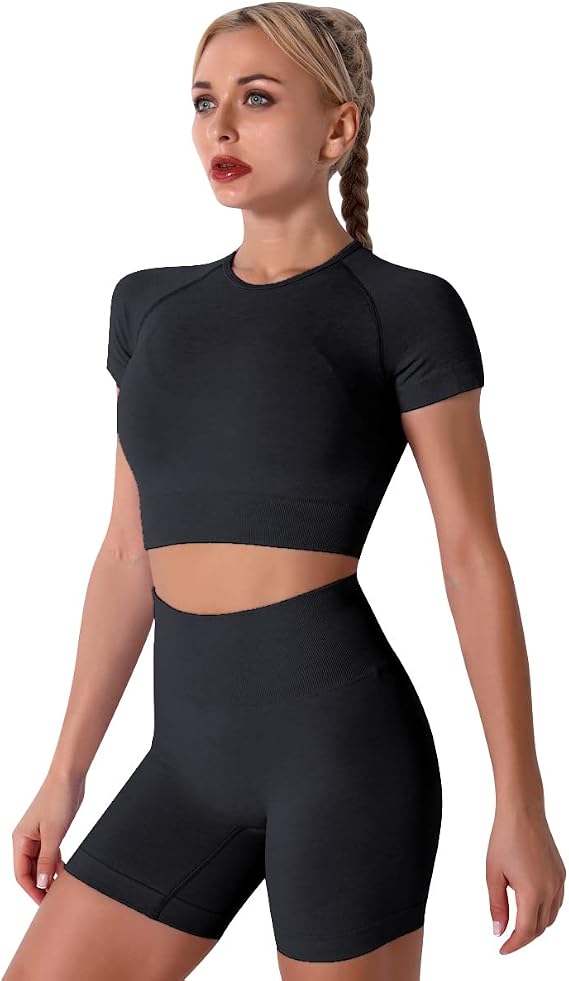 Workout Sets for Women 2 Pieces Yoga Outfit Seamless Sports Bra Crop Top + High Waist Leggings Shorts Gym Clothes Set