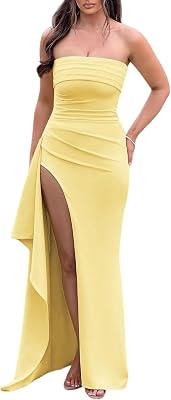Womens Elegant Strapless Bodycon Ruched Ruffle High Split Long Formal Evening Gown Party Wedding Guest Dresses