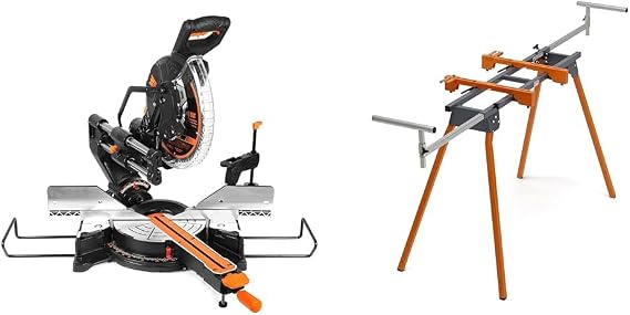 WEN MM1215 15-Amp 12-Inch Dual Bevel Sliding Compound Miter Saw with LED Cutline & BORA Portamate PM-4000 - Heavy Duty Folding Miter Saw Stand with Quick Attach Tool Mounting Bars